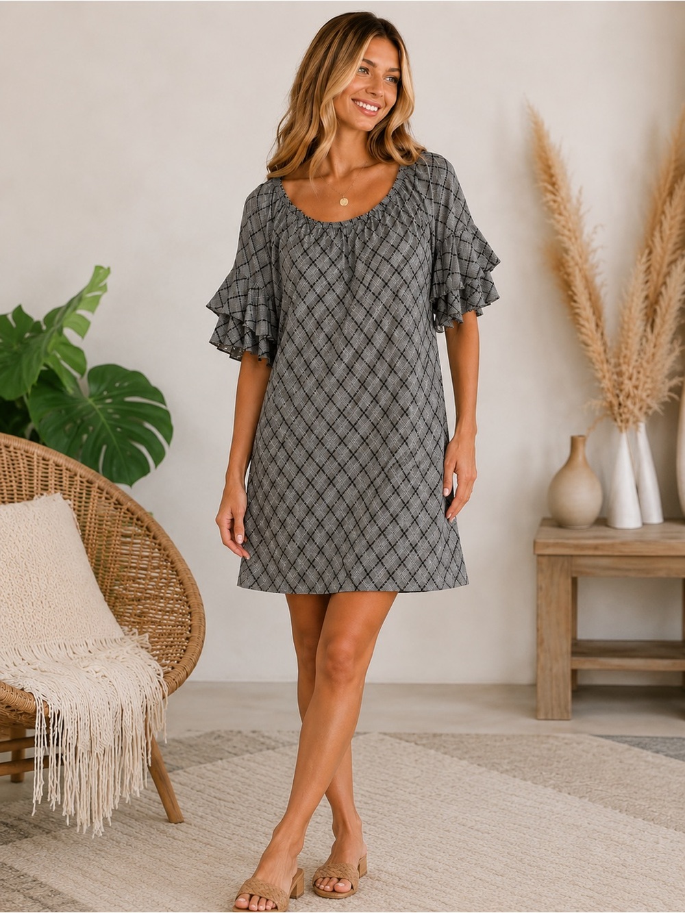 NWT Hayden Los Angeles Plaid Ruffle Sleeve Dress Size Large Gray Black - A6